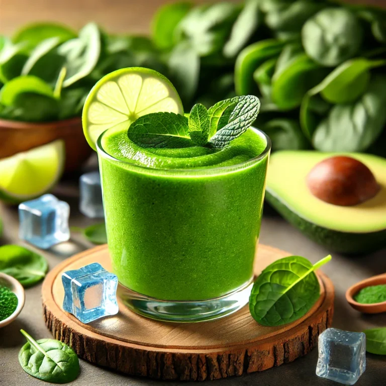 DALL·E 2024-12-12 21.08.17 - A vibrant and colorful presentation of a healthy, diabetic-friendly beverage. The image showcases a glass of green smoothie made with spinach, avocado