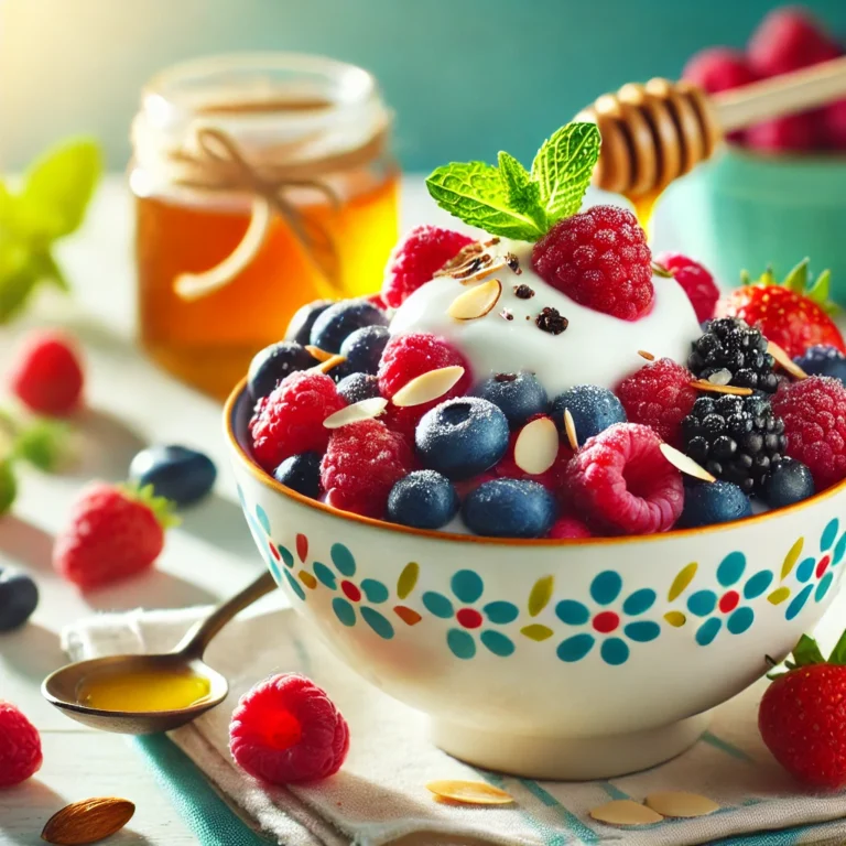 DALL·E 2024-12-12 21.08.21 - A vibrant and colorful presentation of a healthy, diabetic-friendly dessert. The image showcases a bowl of fresh mixed berries topped with a dollop of