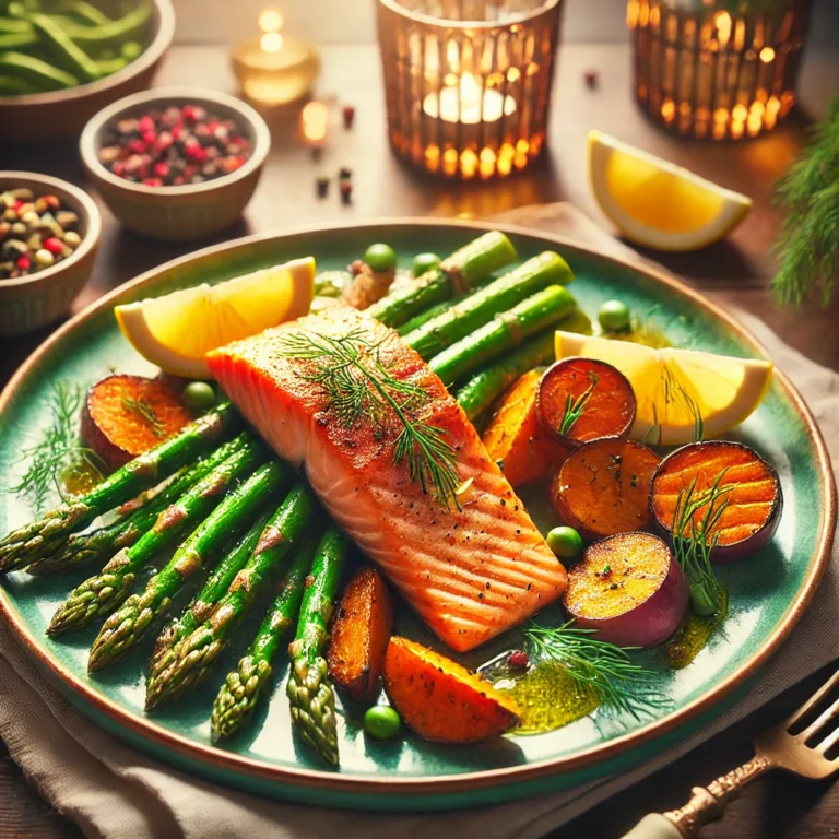 DALL·E 2024-12-12 21.08.25 - A vibrant and colorful presentation of a healthy, diabetic-friendly dinner. The image showcases a plate with baked salmon, roasted sweet potatoes, and