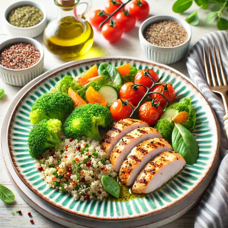 DALL·E 2024-12-12 21.08.36 - A vibrant and colorful presentation of a healthy, diabetic-friendly meal. The image showcases a beautifully plated lunch with grilled chicken breast,
